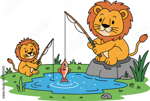 Cute Lion Fishing Illustration Set Cartoon Animal by Pond