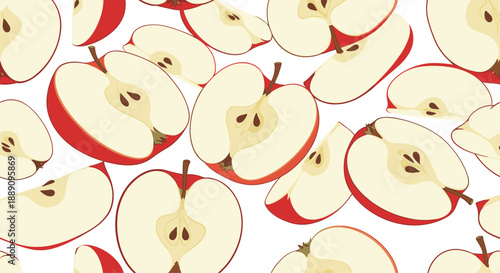 Delicious seamless pattern of fresh red apple halves and slices on a white background creating a healthy and nutritious fruit-themed design.