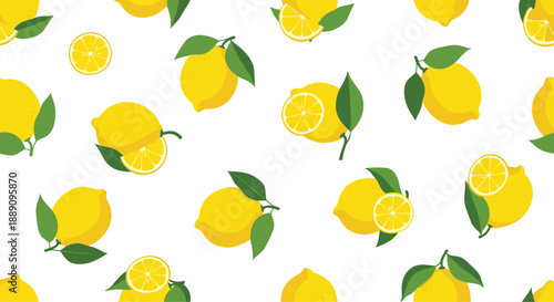 Refreshing seamless pattern of whole yellow lemons and citrus slices with green leaves on a white background for vibrant kitchen decor.