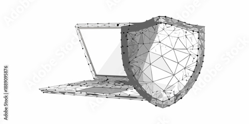 Digital security concept a laptop protected by a polygonal shield