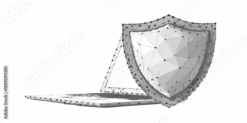 Polygonal shield protecting a laptop symbolizing digital security and data protection