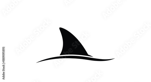 Minimalist black silhouette of a shark fin emerging from the ocean wave representing marine life and the power of the sea.