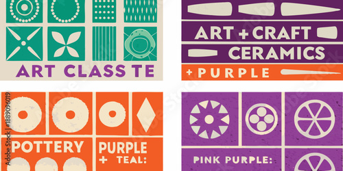 Colorful geometric patterns and text promoting art classes and pottery workshops