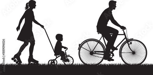 Black silhouettes of a family enjoying outdoor activities with a mother rollerblading pushing a child on a tricycle and a father riding a bicycle