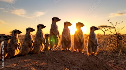 Meerkat Colony Watches Golden Sunrise in African Savanna