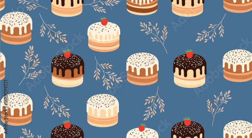 Festive seamless pattern of decorated Easter cakes and delicate leafy branches on a blue background for holiday celebrations.