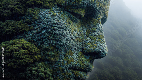 Moss-Covered Face Emerging from Dense Forest