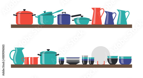 Organized kitchen shelves displaying a variety of colorful pots, pans, pitchers, and ceramic dishes for home cooking and dining.