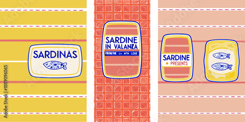 Colorful sardine can illustrations with vintage style and patterned backgrounds
