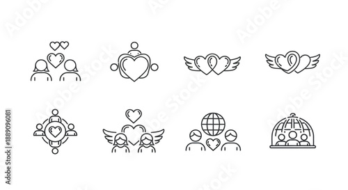 A collection of delicate line art icons depicting love relationships and symbols of affection and connection