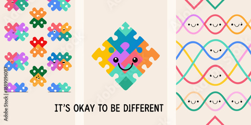 Colorful puzzle pieces and patterns promote acceptance and individuality