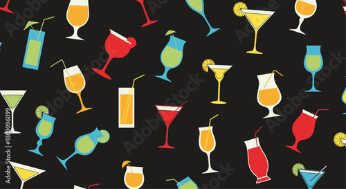 Vibrant seamless pattern of various colorful cocktail and drink glasses on a black background for party and nightlife themes.