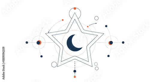 Intricate geometric design featuring a star and crescent moon with celestial symbols for mystical and astronomical themes.