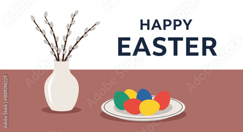 Festive scene with colorful Easter eggs on a plate and pussy willow branches in a vase celebrating the arrival of spring holidays.