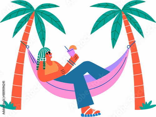 Relaxing in a hammock between palm trees with a refreshing drink