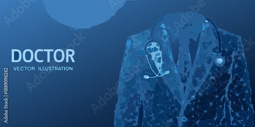 A polygonal illustration of a doctor wearing a suit and stethoscope