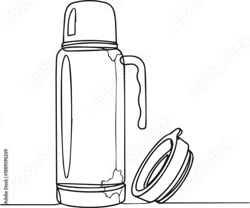 Line drawing of a thermos flask and its detached lid