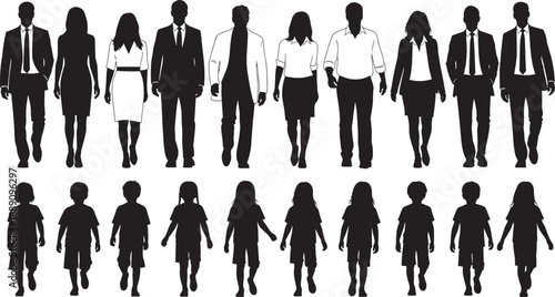 Black silhouettes of diverse business professionals in formal suits and children walking forward isolated on white background for corporate family and community growth concepts
