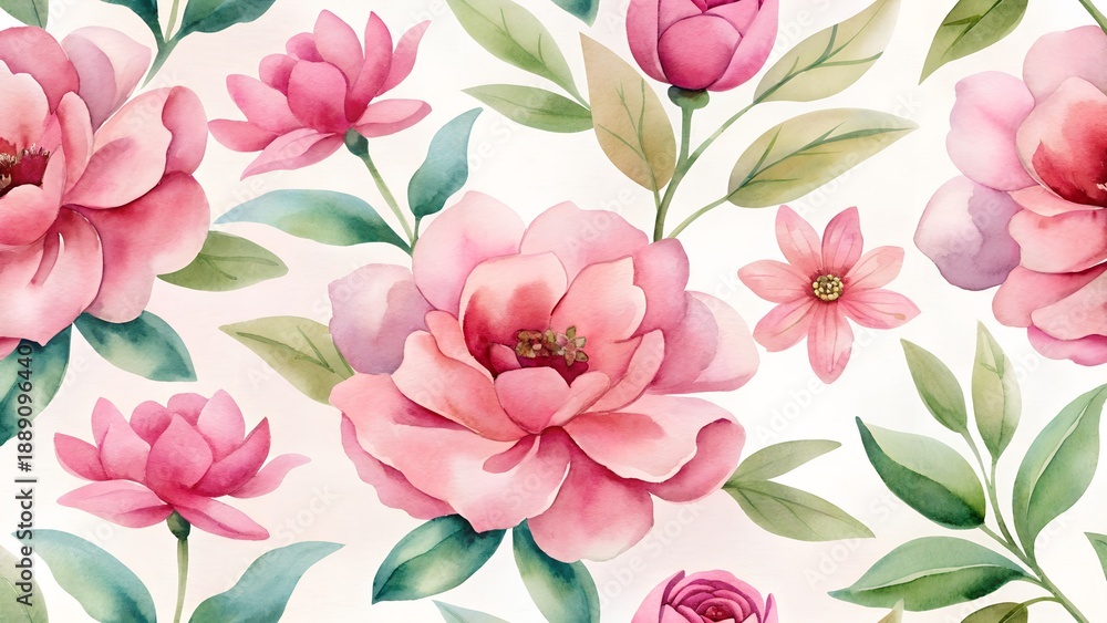 Fototapeta premium Delicate Pink Peony Flowers Seamless Pattern Watercolor Botanical Illustration
