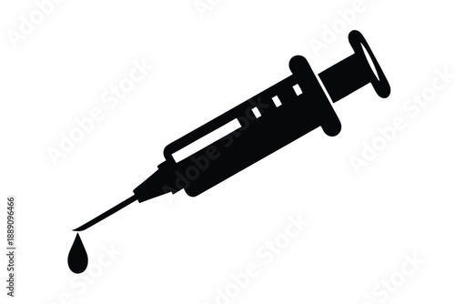 A black syringe with a dangling droplet hints at vaccination in progress