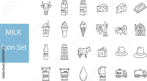 Print Comprehensive Milk and Dairy Farm Line Icon Set Featuring Cow Illustrations Milk Tankers Farm Buildings and Dairy Processing Symbols