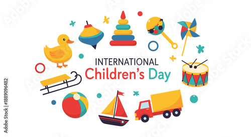 Colorful collection of children toys surrounding International Children Day text celebrating childhood and the joy of play and learning.