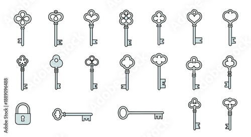Extensive collection of ornate vintage key illustrations and a single padlock representing security, mystery, and historical artifacts.