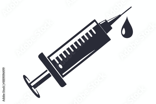 Black syringe with a drop of medicine drips from the needle against white backdrop