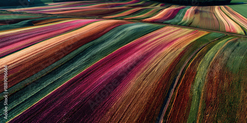 Aerial View of Colorful Row Crop Fields During Golden Hour