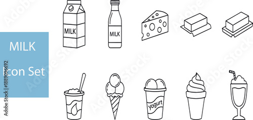 Print Minimalist Dairy Icon Set Featuring Perspective Line Art of Milk Cartons Cheese Wedges Butter and Assorted Frozen Desserts