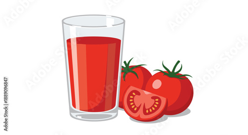 Glass filled with red tomato juice placed next to fresh whole tomatoes and a slice illustrating a healthy organic vegetable beverage.