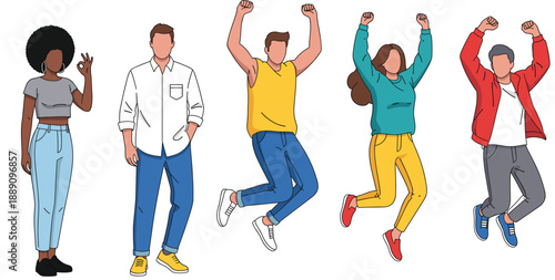 Happy people jumping illustration set showing excitement, success, celebration, and positive emotions with diverse men and women in flat vector style