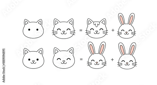 Educational drawing tutorial showing how to create cute animal faces by combining simple shapes for cats and rabbits in line art style.