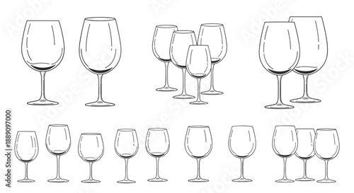 Wide variety of wine glass styles and shapes presented in a simple black and white line art composition for beverage enthusiasts.