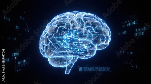 Digital Brain: a Glowing visualization of a human brain with intricate network patterns and glowing circuit boards on black background, showcasing the power of artificial intelligence.