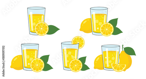 Multiple glasses of refreshing yellow lemonade served with fresh lemon slices and green leaves for a perfect summer drink illustration.
