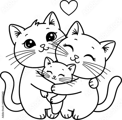 Black and white line art of cute cartoon cats hugging under a heart. Vector illustration for coloring page.