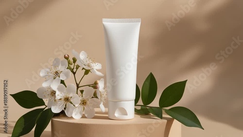 White Skincare Tube with Floral Accents – Purity and Nature in Product Display