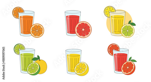 Collection of various fruit juices in glasses accompanied by matching whole and sliced fruits like orange lime and grapefruit.