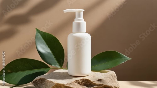 White Pump Bottle with Green Leaves – Natural Skincare Minimalism