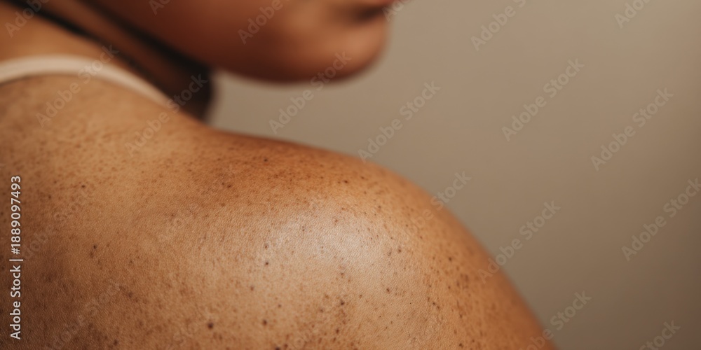 Naklejka premium Close-up of female freckled shoulder with smooth skin