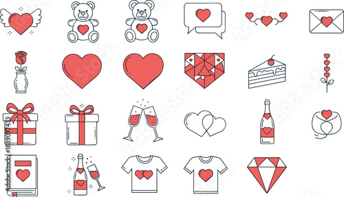 Valentine’s Day icon set with hearts, teddy bears, gifts, roses, champagne, and romantic symbols in flat vector style for love and celebration themes.