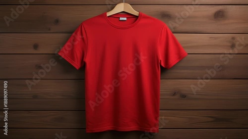 Red T-Shirt on Wooden Hanger – Rustic Simplicity in Apparel Display