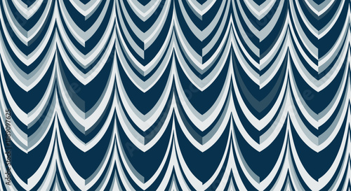 Elegant seamless pattern of blue and white wavy lines resembling theater curtains or waves for a classic and sophisticated textile design.