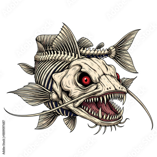Skeleton catfish with red eyes and sharp teeth on white background for tattoo or mascot design