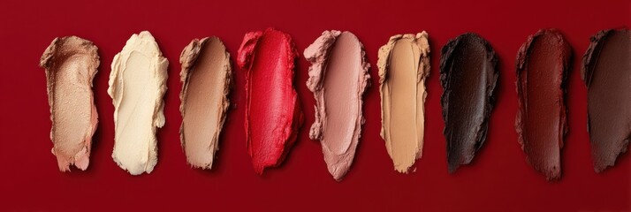 Diverse shades of makeup foundation on red background