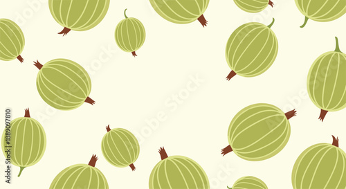 Repetitive pattern of green gooseberries with brown tips scattered over a light cream background for a fresh and fruity aesthetic.