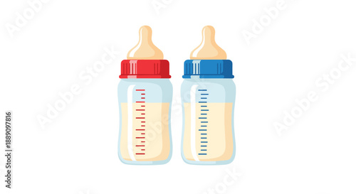 Two baby nursing bottles filled with milk one with a red cap and one with a blue cap isolated on a white background for infants.