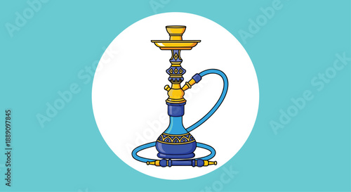 Ornate traditional hookah with blue and gold decorations placed on a white circle against a bright turquoise background for smoking.