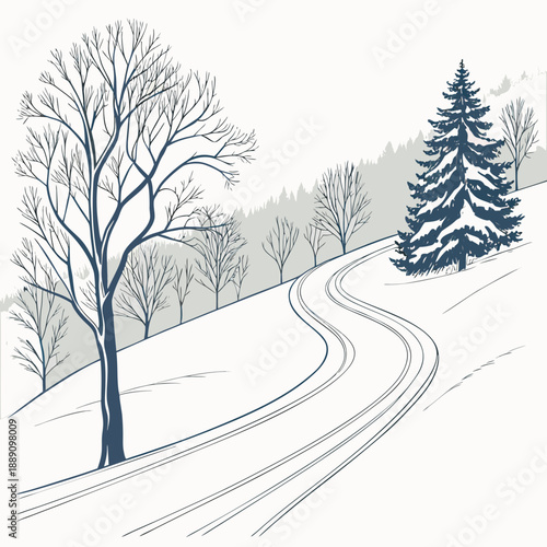 Winding snowy forest path
